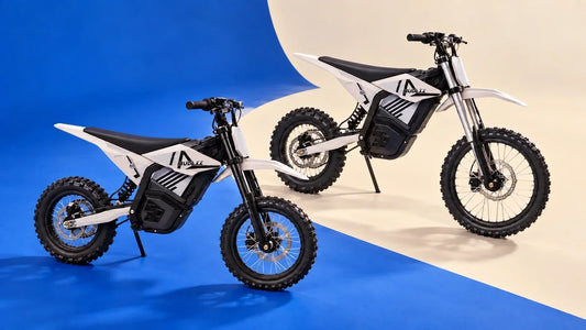 MUDLIZ 14/12 and 17/14 electric dirt bikes in a studio