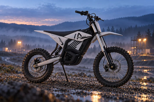 MUDLIZ electric dirt bike at a misty outdoor test ground
