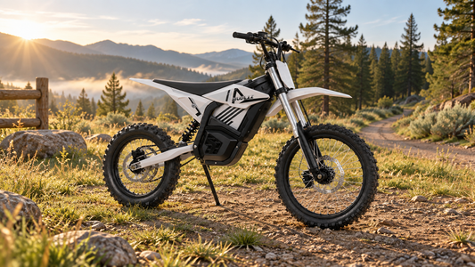 MUDLIZ electric dirt bike at a private mountain trailhead