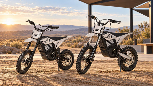 MUDLIZ M6000 S and X electric dirt bikes at a desert test facility