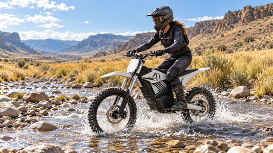 MUDLIZ M6000 X crossing a shallow creek in open desert terrain