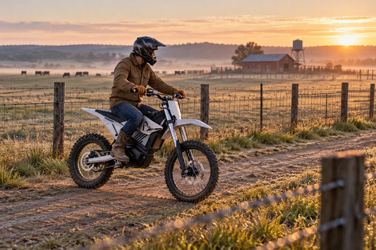 MUDLIZ electric dirt bike rider inspecting a farm fence