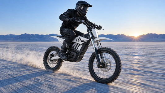 MUDLIZ electric dirt bike crossing a dry lake at dawn