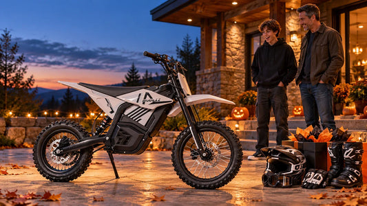 Teenager receiving a MUDLIZ electric dirt bike as a Halloween gift