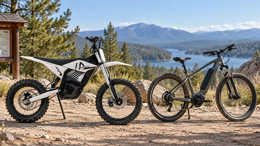 A white and black MUDLIZ e-moto parked beside a gray pedal-assist electric bicycle at a mountain trailhead