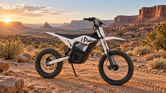 MUDLIZ electric dirt bike at a desert trailhead