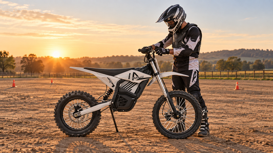 Beginner checking a MUDLIZ electric dirt bike before riding