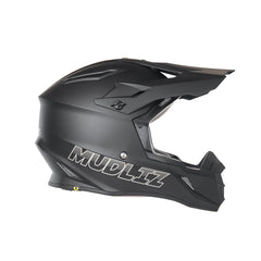 Black Mudliz electric dirt bike helmet shown from the side