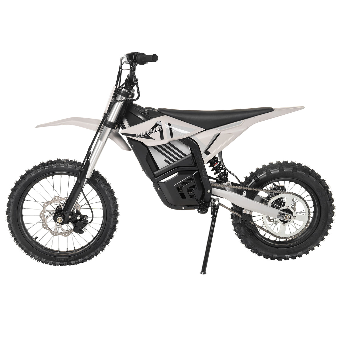 White Mudliz M6000 electric dirt bike, left side view